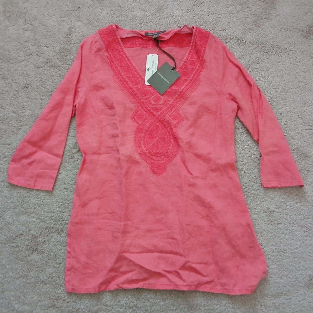 NWT Tommy Bahama Linen Tunic w/ 3/4 sleeves and embroidered detail